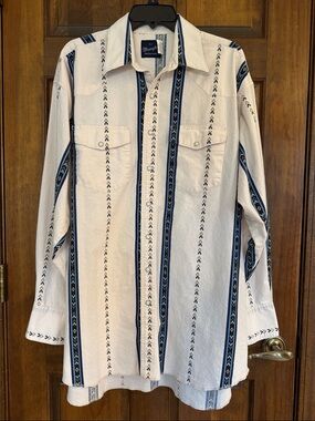 Wrangler Cream Western Snap Shirt with Blue and Navy Vertical Stripes, XLT